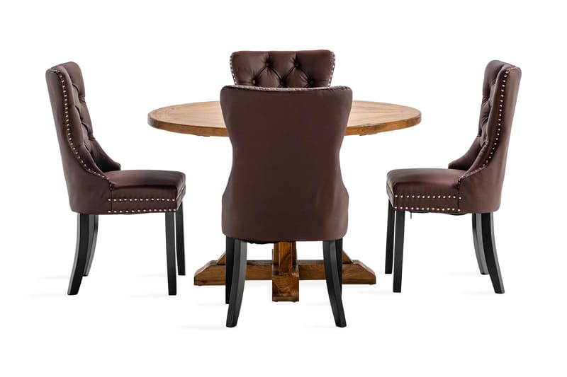 Lyon Spisebordssæt 120 cm Rund inkl 4 Bergviken Stole Kunstl - Brun - Møbler - Borde - Spisebordssæt