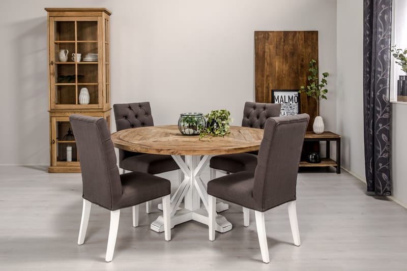 Lyon Spisebordssæt 150 cm Rund med 4 Jenny stol - Vintage Elm / Grå / Hvid - Møbler - Borde - Spisebordssæt