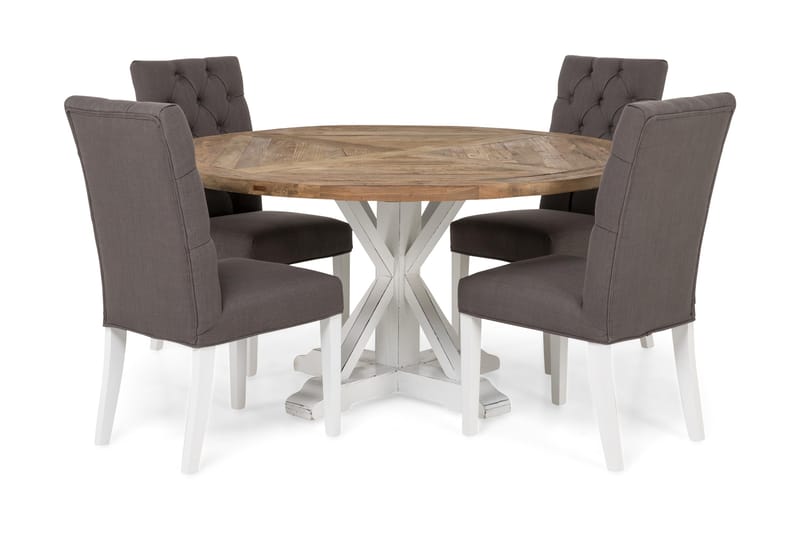 Lyon Spisebordssæt 150 cm Rund med 4 Jenny stol, Vintage Elm / Grå / Hvid