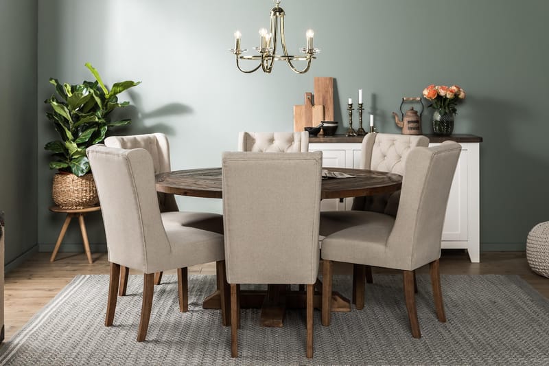 Lyon Spisebordssæt 150 cm Rund med 6 Irma Stole - Vintage Elm/Beige - Møbler - Borde - Spisebordssæt