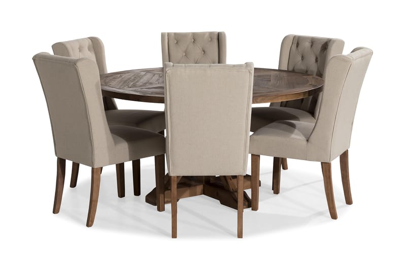 Lyon Spisebordssæt 150 cm Rund med 6 Irma Stole - Vintage Elm/Beige - Møbler - Borde - Spisebordssæt