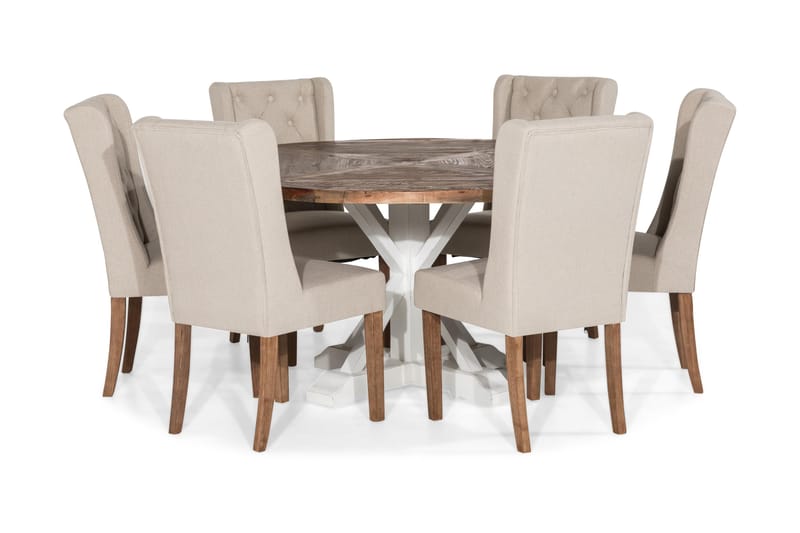 Lyon Spisebordssæt 150 cm Rund med 6 Irma Stole - Vintage Elm/Beige - Møbler - Borde - Spisebordssæt