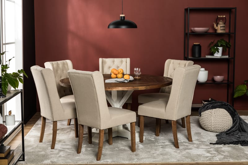 Lyon Spisebordssæt 150 cm Rund med 6 Irma Stole - Vintage Elm/Beige - Møbler - Borde - Spisebordssæt