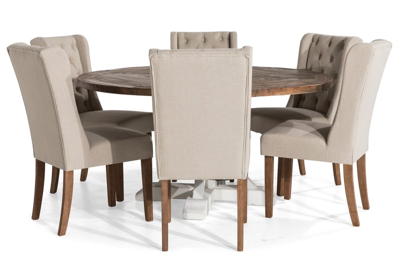 Lyon Spisebordssæt 150 cm Rund med 6 Irma Stole - Vintage Elm/Beige - Møbler - Borde - Spisebordssæt
