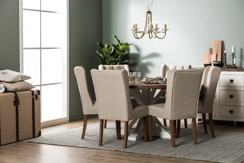 Lyon Spisebordssæt 150 cm Rund med 6 Irma Stole - Vintage Elm/Beige - Møbler - Borde - Spisebordssæt