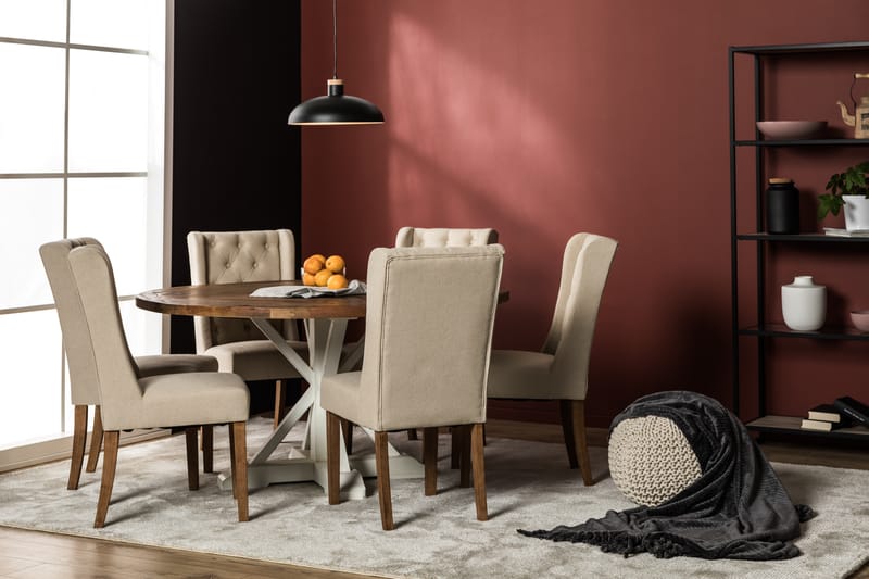 Lyon Spisebordssæt 150 cm Rund med 6 Irma Stole - Vintage Elm/Beige - Møbler - Borde - Spisebordssæt