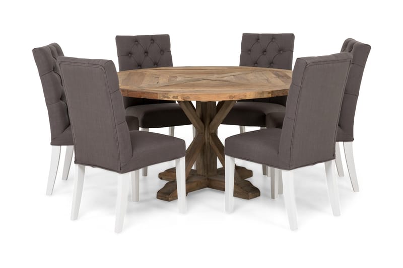 Lyon Spisebordssæt 150 cm Rund med 6 Jenny stol - Vintage Elm / Grå / Hvid - Møbler - Borde - Spisebordssæt