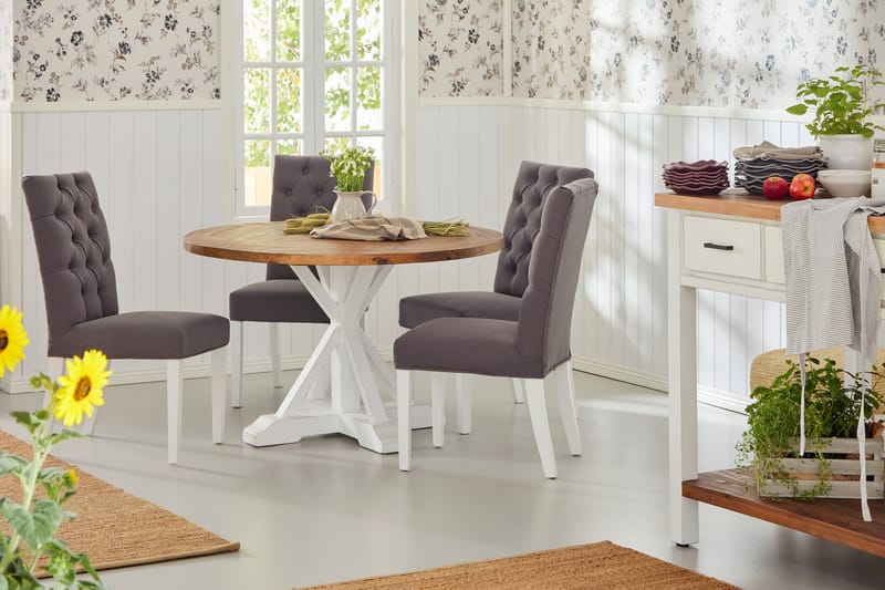Lyon Spisebordssæt Rund med 4 st Jenny Spisestol - Træ/Hvid/Grå - Spisebordssæt