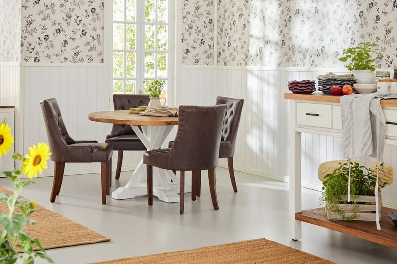 Lyon Spisebordssæt Rund med 4 st Tuva Lænestol Konstläder - Træ/Hvid/Sort PU - Spisebordssæt