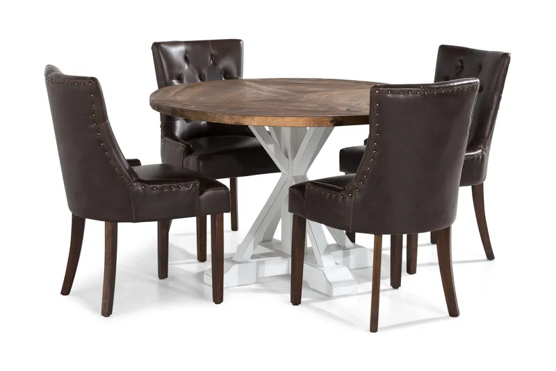 Lyon Spisebordssæt Rund med 4 st Tuva Lænestol Konstläder, Træ/Hvid/Sort PU