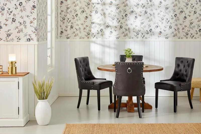 Lyon Spisebordssæt Rund med 4 st Tuva Lænestol Konstläder - Træ/Sort PU - Møbler - Borde - Spisebordssæt