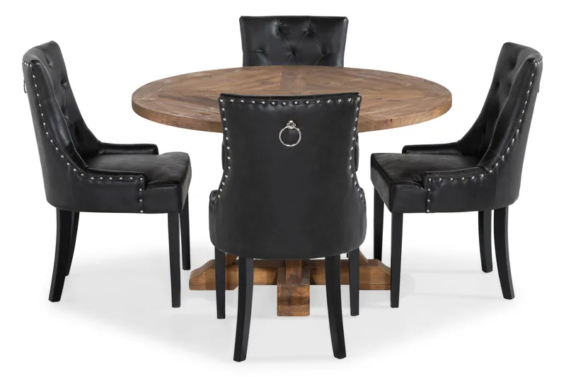 Lyon Spisebordssæt Rund med 4 st Tuva Lænestol Konstläder, Træ/Sort PU