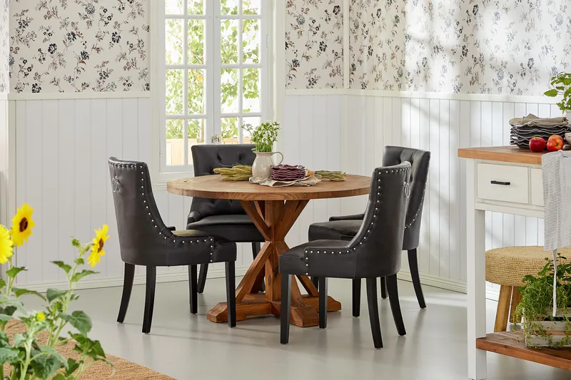 Lyon Spisebordssæt Rund med 4 st Tuva Lænestol Konstläder - Træ/Sort PU - Møbler - Borde - Spisebordssæt