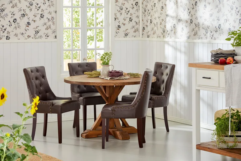 Lyon Spisebordssæt Rund med 4 st Tuva Lænestol Konstläder - Træ/Sort PU - Møbler - Borde - Spisebordssæt