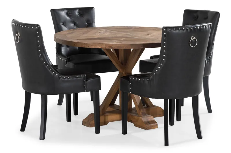Lyon Spisebordssæt Rund med 4 st Tuva Lænestol Konstläder - Træ/Sort PU - Møbler - Borde - Spisebordssæt