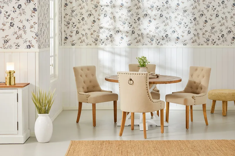 Lyon Spisebordssæt Rund med 4 st Viktoria Lænestol - Træ/Hvid/Beige - Møbler - Borde - Spisebordssæt