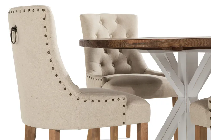 Lyon Spisebordssæt Rund med 4 st Viktoria Lænestol - Træ/Hvid/Beige - Møbler - Borde - Spisebordssæt