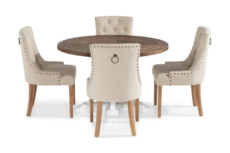 Lyon Spisebordssæt Rund med 4 st Viktoria Lænestol - Træ/Hvid/Beige - Møbler - Borde - Spisebordssæt