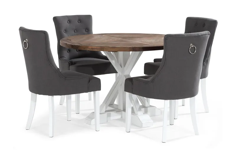 Lyon Spisebordssæt Rund med 4 st Viktoria Lænestol, Træ/Hvid/Grå