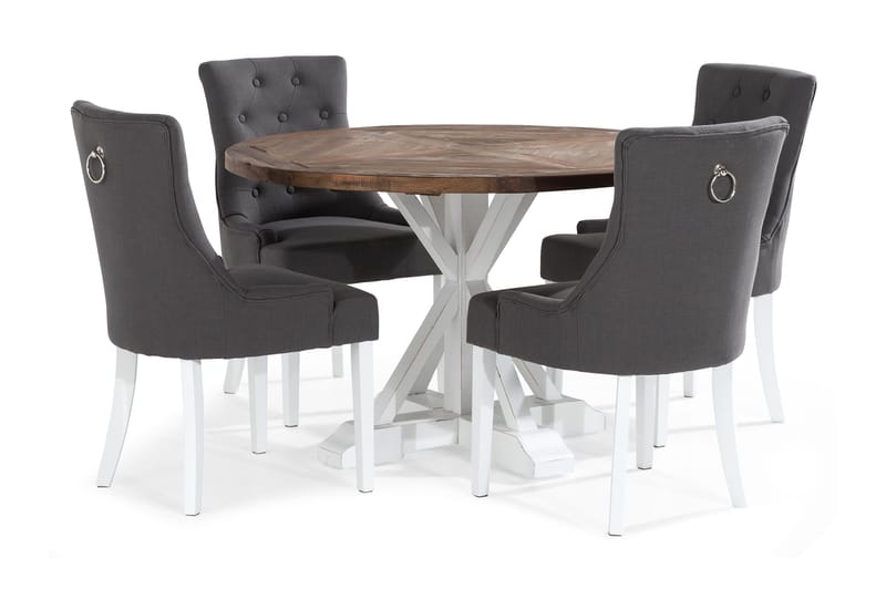 Lyon Spisebordssæt Rund med 4 st Viktoria Lænestol, Træ/Hvid/Grå