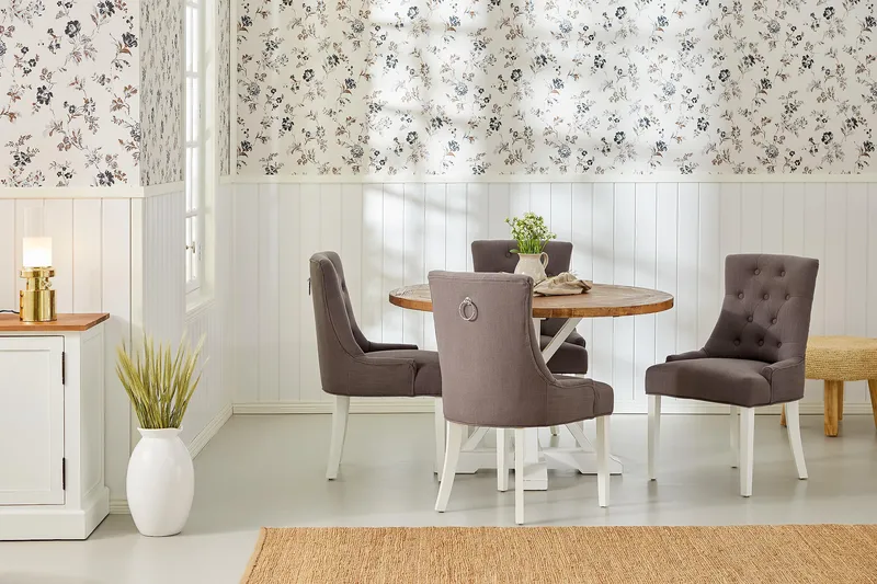 Lyon Spisebordssæt Rund med 4 st Viktoria Lænestol - Træ/Hvid/Grå - Møbler - Borde - Spisebordssæt