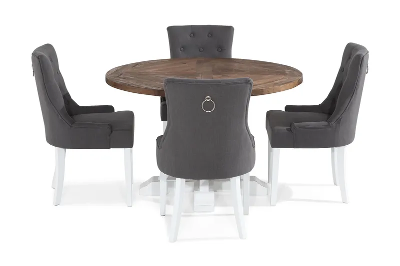 Lyon Spisebordssæt Rund med 4 st Viktoria Lænestol - Træ/Hvid/Grå - Møbler - Borde - Spisebordssæt