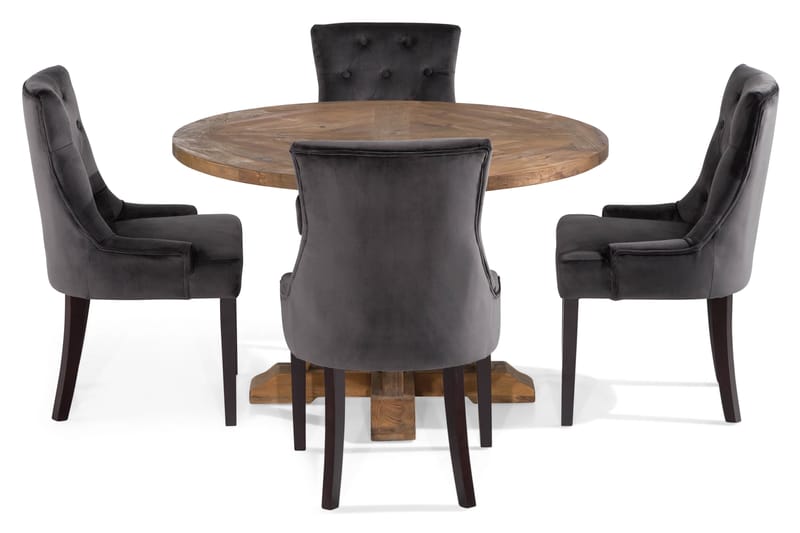 Lyon Spisebordssæt Rund med 4 st Viktoria Lænestol Velour - Træ/Grå/Mørkebrun - Spisebordssæt