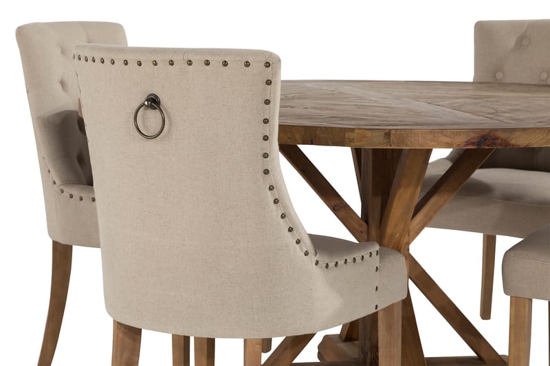Lyon Spisegruppe Ø150 cm Rund med 4 Viktoria Stole - Vintage Elm / Beige - Møbler - Borde - Spisebordssæt