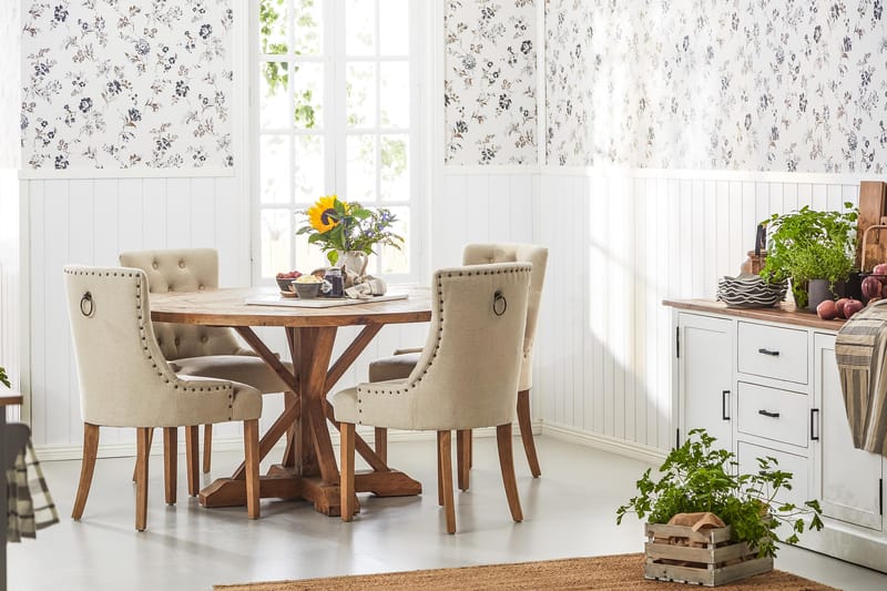 Lyon Spisegruppe Ø150 cm Rund med 4 Viktoria Stole - Vintage Elm / Beige - Møbler - Borde - Spisebordssæt