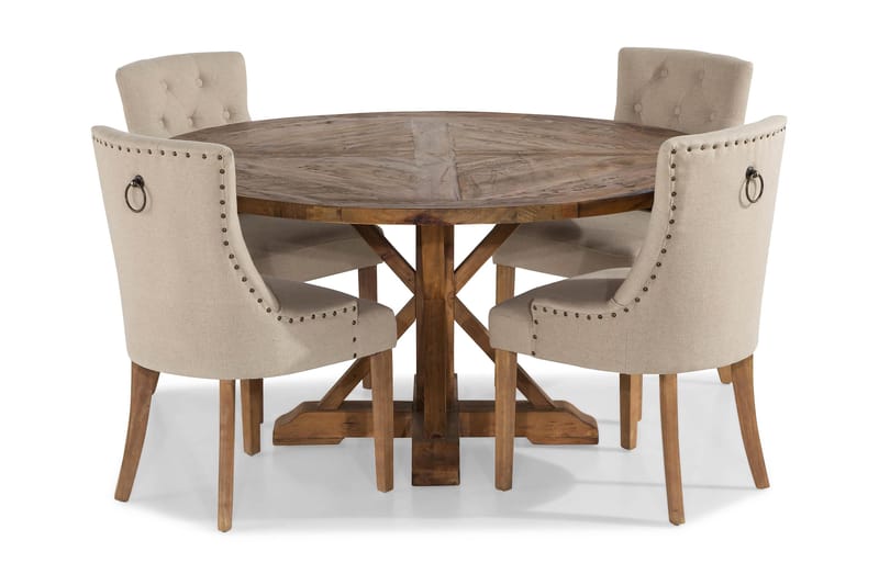 Lyon Spisegruppe Ø150 cm Rund med 4 Viktoria Stole - Vintage Elm / Beige - Møbler - Borde - Spisebordssæt