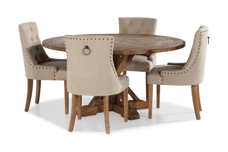 Lyon Spisegruppe Ø150 cm Rund med 4 Viktoria Stole - Vintage Elm / Beige - Møbler - Borde - Spisebordssæt