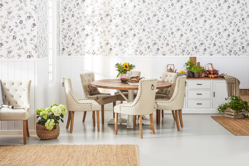 Lyon Spisegruppe Ø150 cm Rund med 6 Viktoria Stole - Vintage Natur / Hvid / Beige - Møbler - Borde - Spisebordssæt