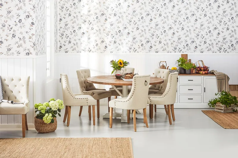 Lyon Spisegruppe Ø150 cm Rund med 6 Viktoria Stole - Vintage Natur / Hvid / Beige - Møbler - Borde - Spisebordssæt