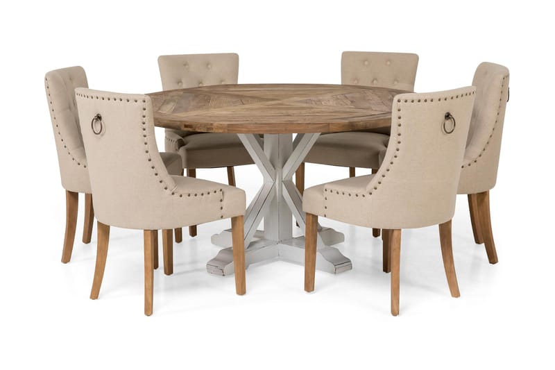 Lyon Spisegruppe Ø150 cm Rund med 6 Viktoria Stole - Vintage Natur / Hvid / Beige - Møbler - Borde - Spisebordssæt
