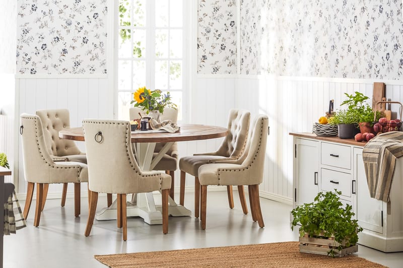 Lyon Spisegruppe Ø150 cm Rund med 6 Viktoria Stole - Vintage Natur / Hvid / Beige - Møbler - Borde - Spisebordssæt