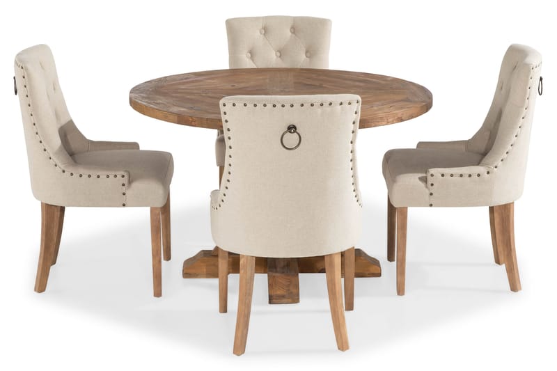Lyon Spisegruppe 120 cm Rundt spisebord i Træ med 4 Viktoria Stole, Træ / Beige