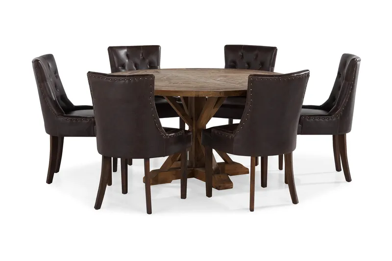 Lyon Spisegruppe 150 cm Rundt Mørkt Træ med 6 Tuva Stole, Vintage Elm / Brun PU