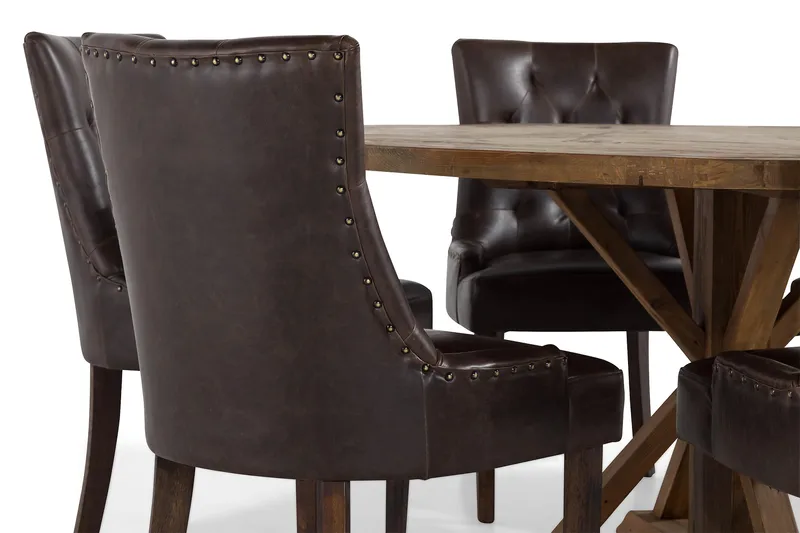 Lyon Spisegruppe 150 cm Rundt Mørkt Træ med 6 Tuva Stole - Vintage Elm / Brun PU - Møbler - Borde - Spisebordssæt