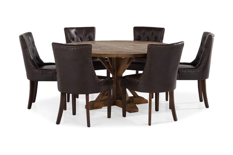 Lyon Spisegruppe 150 cm Rundt Mørkt Træ med 6 Tuva Stole - Vintage Elm / Brun PU - Møbler - Borde - Spisebordssæt