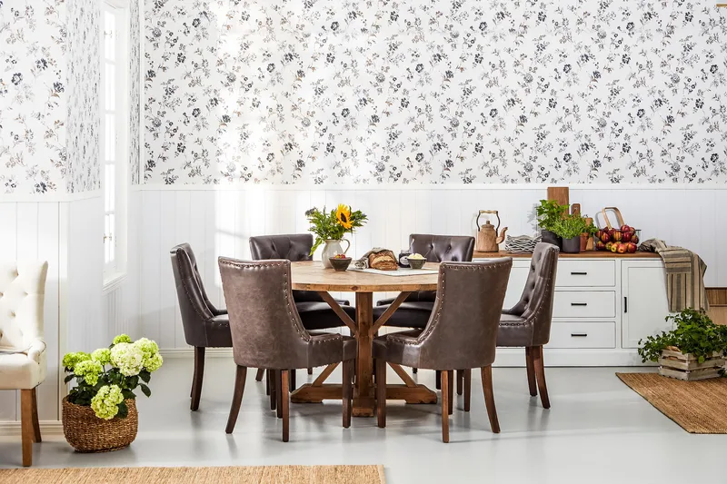 Lyon Spisegruppe 150 cm Rundt Mørkt Træ med 6 Tuva Stole - Vintage Elm / Brun PU - Møbler - Borde - Spisebordssæt