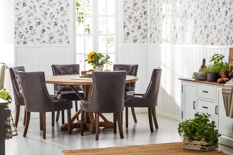 Lyon Spisegruppe 150 cm Rundt Mørkt Træ med 6 Tuva Stole - Vintage Elm / Brun PU - Møbler - Borde - Spisebordssæt