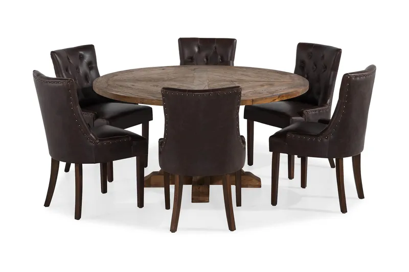 Lyon Spisegruppe 150 cm Rundt Mørkt Træ med 6 Tuva Stole - Vintage Elm / Brun PU - Møbler - Borde - Spisebordssæt
