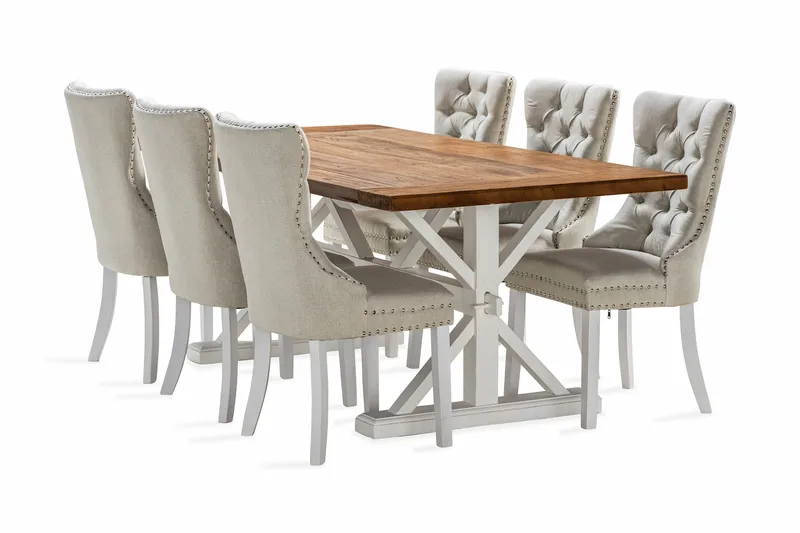 Lyon Udvideligt Spisebordssæt 200 cm inkl 6 Bergviken Stole, Brun/Hvid