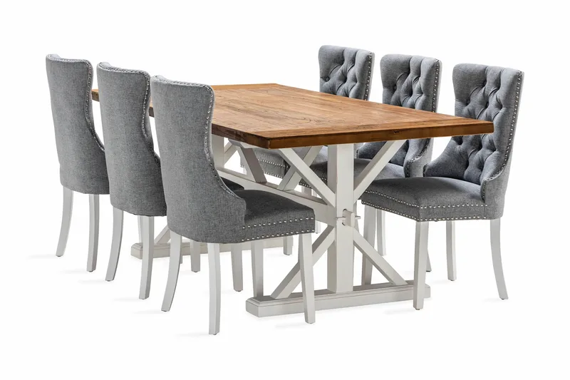 Lyon Udvideligt Spisebordssæt 200 cm inkl 6 Bergviken Stole, Brun/Hvid