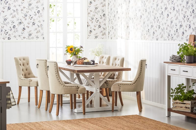 Lyon Udvideligt Spisebordssæt 200 cm med 6 Viktoria Stol - Natur/Hvid/Beige - Møbler - Borde - Spisebordssæt