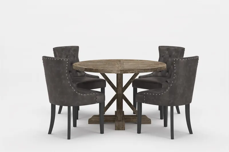 Lyon Premium Spisegruppe Rund 120 cm + 4 stk Tuva Spisestole, Grå/Brun