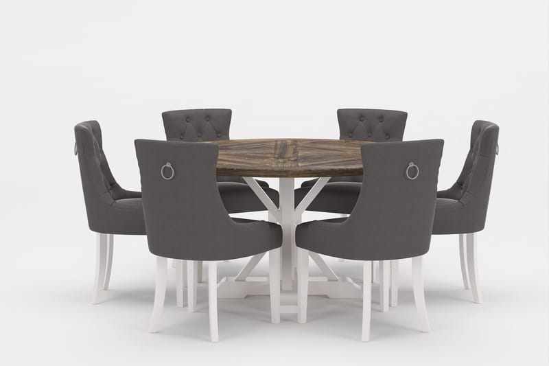 Lyon Premium Spisegruppe Rund 150 cm + 6 stk Viktoria Spisestole, Grå/Brun