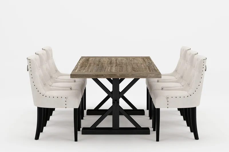 Lyon Premium Spisegruppe 200-290 cm + 6 Viktoria Stole, Hvid/Brun