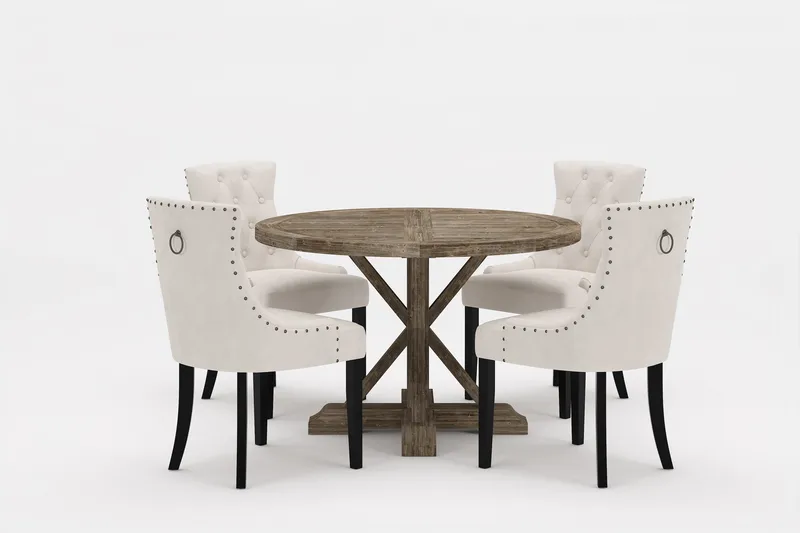 Lyon Premium Spisegruppe Rund 120 cm + 4 stk Viktoria Spisestole, Hvid/Brun