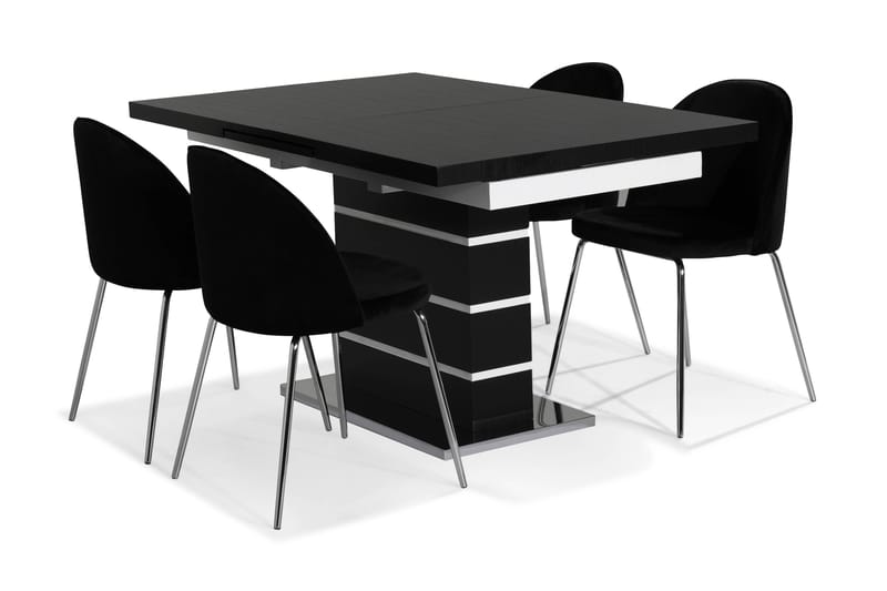 Macahan Spisebordssæt med 4 Felipe Stole Velour - Sort/Hvid/Krom - Spisebordssæt